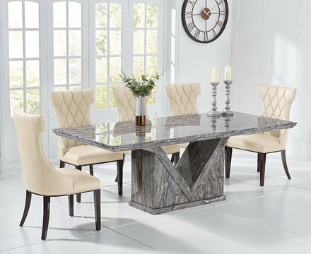 Milan 220cm grey marble dining table with 12 cream sophia chairs