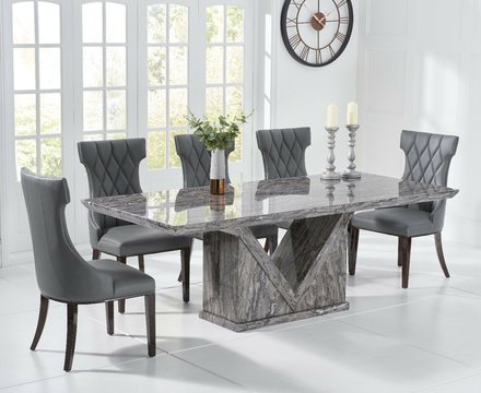 Milan 220cm grey marble dining table with 10 grey sophia chairs
