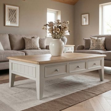 Weymouth oak and soft white painted extra large 6 drawer coffee table