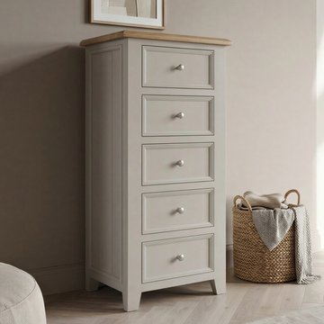Weymouth oak and soft white painted 5 drawer tallboy
