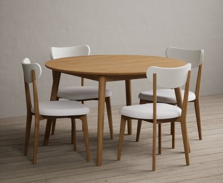 Nordic 120cm round solid oak dining table with 4 white nordic chairs