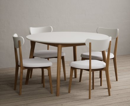 Nordic 120cm round oak and signal white dining table with 4 white nordic chairs