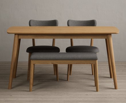 Nordic 150cm solid oak dining table with 2 grey nordic chairs and 2 grey benches