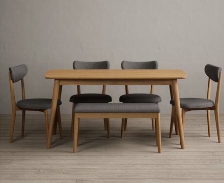 Nordic 150cm solid oak dining table with 4 grey nordic chairs and 2 grey benches