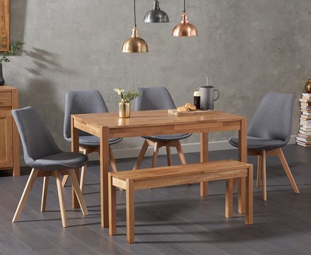 York 120cm solid oak dining table with 4 dark grey orson chairs and 1 oak bench
