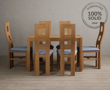 York 120cm solid oak dining table with 6 blue natural chairs