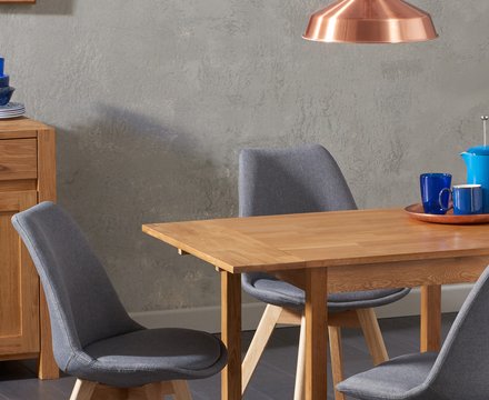 Extending york 70cm solid oak dining table with 2 dark grey orson chairs
