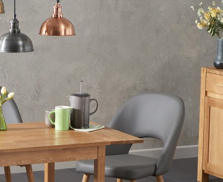 Extending york 70cm solid oak dining table with 2 grey hudson chairs