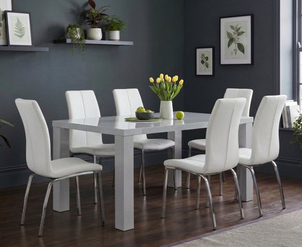 Seattle 160cm light grey gloss dining table with 6 white marco chairs