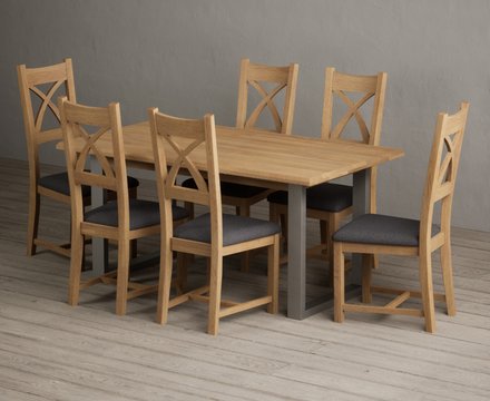 Parker 160cm solid oak dining table with 6 charcoal grey natural solid oak chairs