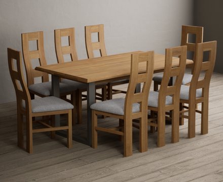 Parker 160cm solid oak dining table with 8 light grey natural chairs