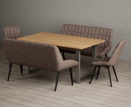 Parker 160cm solid oak dining table with 2 brown larson chairs and 1 brown bench