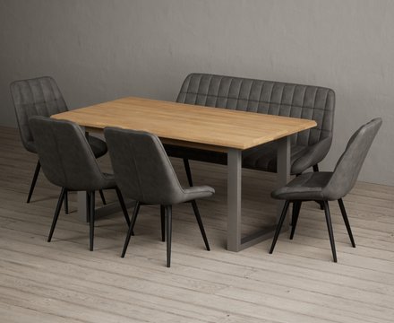 Parker 160cm solid oak dining table with 4 grey larson chairs and 1 grey bench