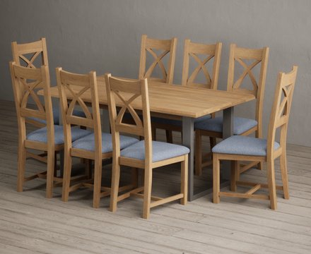 Parker 160cm solid oak dining table with 8 blue natural solid oak chairs