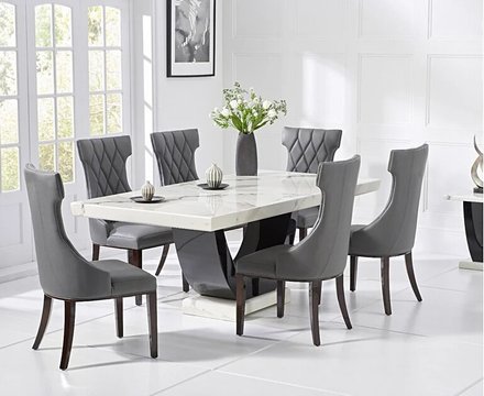 Novara 200cm white and black pedestal marble dining table with 8 grey sophia chairs