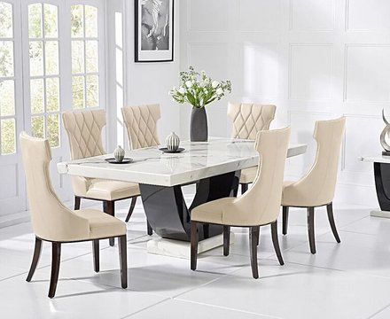 Novara 200cm white and black pedestal marble dining table with 12 cream sophia chairs