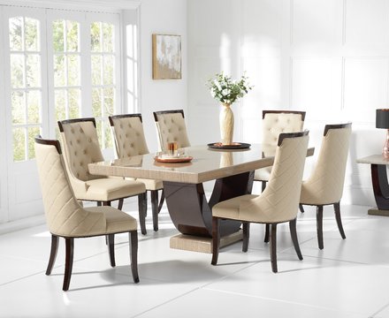 Novara 200cm brown pedestal marble dining table with 6 cream francesca chairs