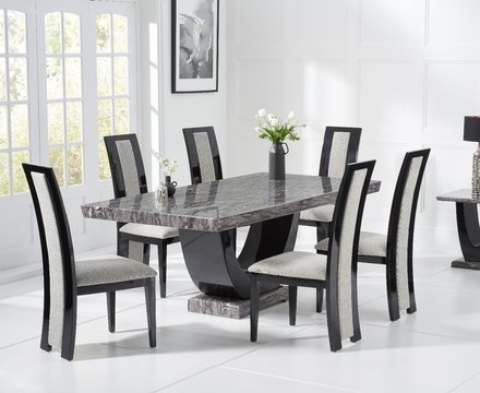 Novara 200cm dark grey pedestal marble dining table with 6 black novara chairs