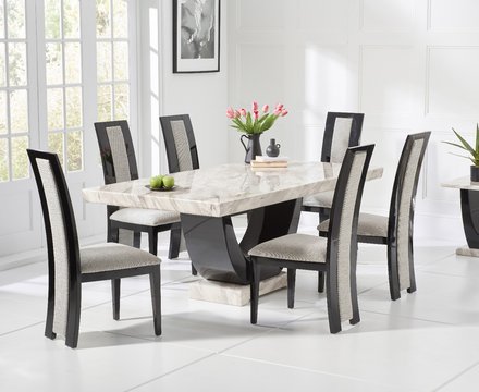 Novara 170cm cream and black pedestal marble dining table with 4 black novara chairs