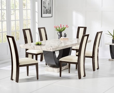 Novara 170cm cream and black pedestal marble dining table with 4 brown novara chairs