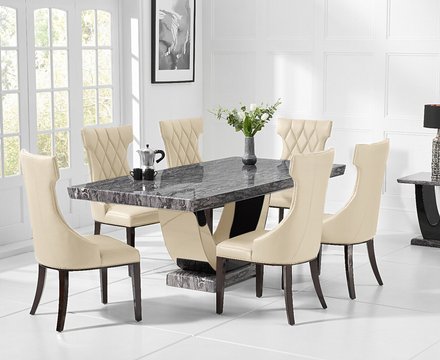 Novara 170cm dark grey pedestal marble dining table with 4 cream sophia chairs