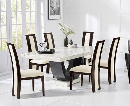Novara 170cm white and black pedestal marble dining table with 4 brown novara chairs