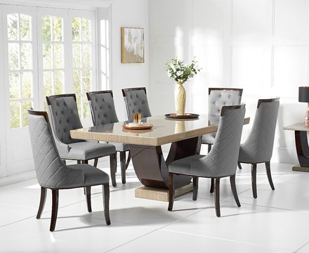 Novara 200cm brown pedestal marble dining table with 8 grey francesca chairs