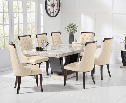 Novara 200cm cream and black pedestal marble dining table with 6 cream francesca chairs