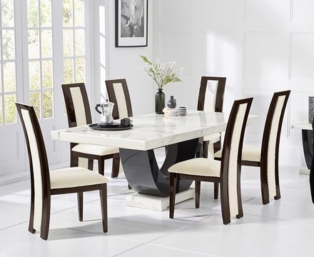 Novara 200cm white and black pedestal marble dining table with 12 brown novara chairs