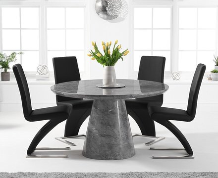 Ravello 130cm round grey marble dining table with 6 black aldo chairs