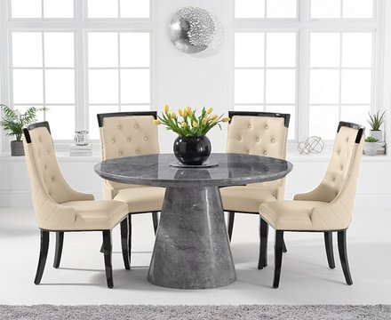 Ravello 130cm round grey marble dining table with 6 cream francesca chairs
