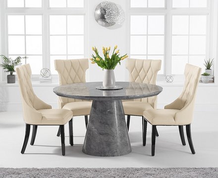 Ravello 130cm round grey marble dining table with 6 cream sophia chairs