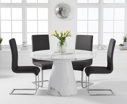 Ravello 130cm round white marble dining table with 6 black austin chairs