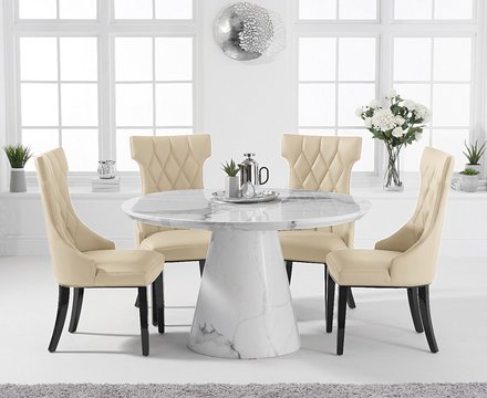 Ravello 130cm round white marble dining table with 6 cream sophia chairs
