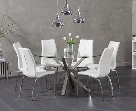 Rodin round glass dining table with 6 white marco chairs