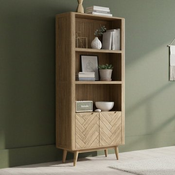 Solid oak tall bookcase with cupboard | herringbone detail