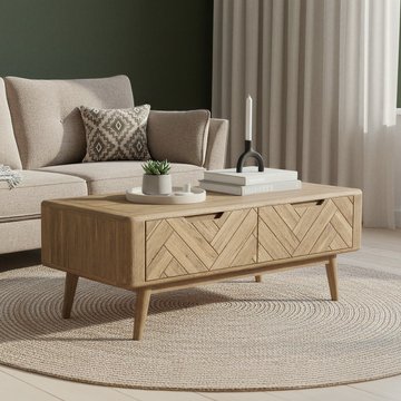 Solid oak 4 drawer storage coffee table | herringbone detail