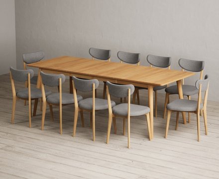 Extending ruben 150cm retro oak dining table with 10 grey nordic chairs