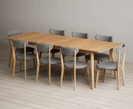 Extending ruben 150cm retro oak dining table with 8 grey nordic chairs