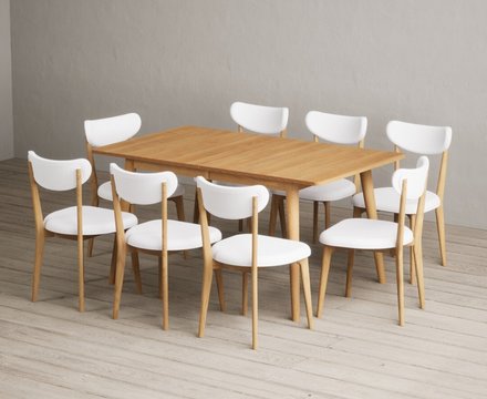 Extending ruben 150cm retro oak dining table with 8 white nordic chairs