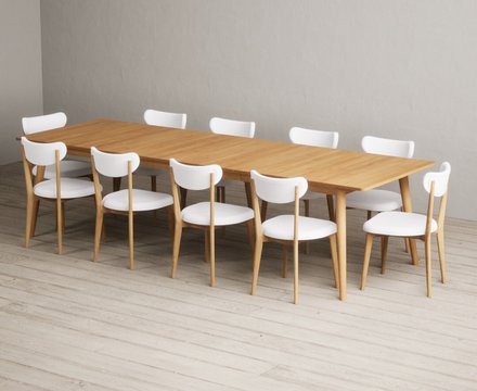 Extending ruben 200cm retro oak dining table with 10 white nordic chairs