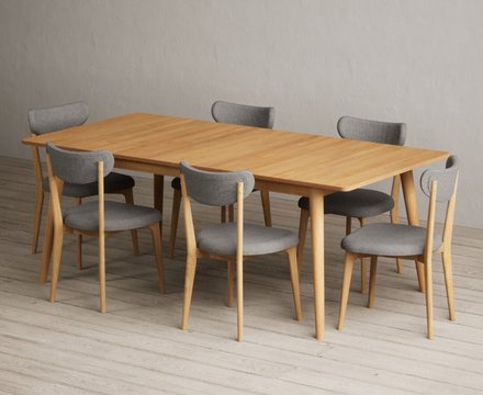Extending ruben 200cm retro oak dining table with 6 grey nordic chairs