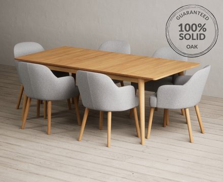 Extending ruben 200cm retro oak dining table with 6 light grey oliver chairs