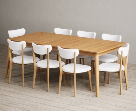 Extending ruben 200cm retro oak dining table with 8 white nordic chairs