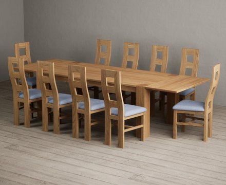 Extending sheringham 200cm solid oak table with 10 blue natural chairs