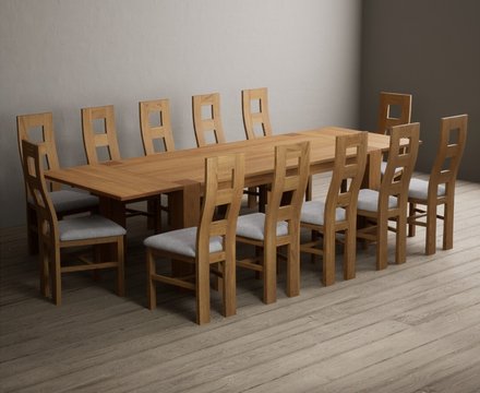 Extending sheringham 200cm solid oak table with 10 light grey natural chairs