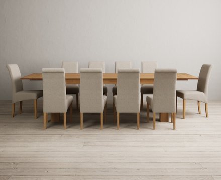 Extending sheringham 200cm solid oak table with 10 natural scroll back chairs
