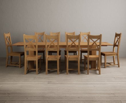 Extending sheringham 200cm solid oak table with 10 oak natural chairs