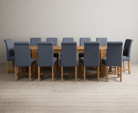 Extending sheringham 200cm solid oak table with 12 blue braced chairs
