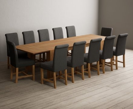 Extending sheringham 200cm solid oak table with 12 charcoal grey braced chairs